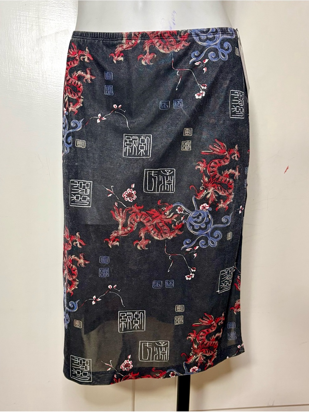 Vintage 90s Dragon Print Mesh Mini Skirt with Side Slits